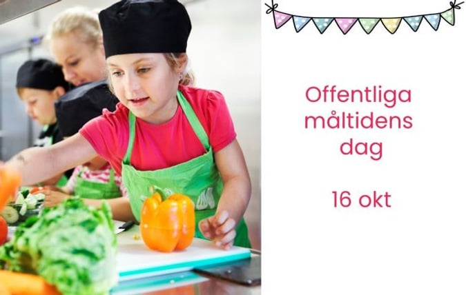Barn och vuxna arbetar tillsammans i kök. Text i bilden berättar att det är offentliga måltidens dag den 16 oktober.