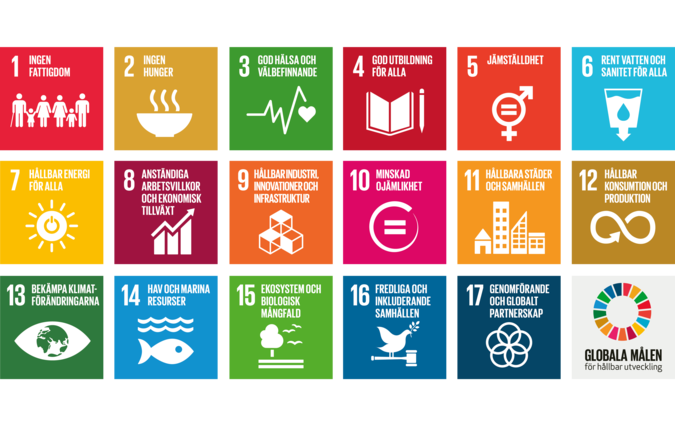 Karta med illustrationerna för alla sjutton globala mål för hållbar utveckling.