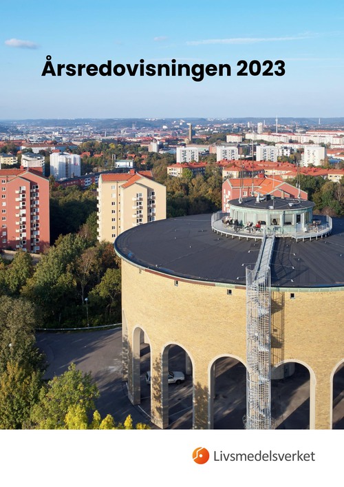 Framsidan av Livsmedelsverkets årsredovisning utgörs av en bild på ett vattentorn med utsikt över Göteborg.