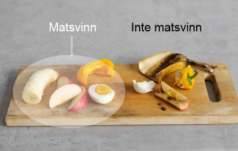 Banan utan skal, ägghalva, äppelbit och paprikabit placerade till vänster på en skärbräda. Text matsvinn i vitt ovanför. Skal från ägg, banan samt kärnhus från paprika och äpple på skärbrädans högra sida. Text Inte matsvinn i svart ovanför.