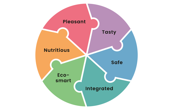 A graphic plate divided into six puzzle pieces, each puzzle piece has a unique word. Safe, Tasty, Integrated, Nutritious, Eco-smart and Pleasant.