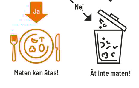 Ruta med orange text: Vad gör jag med maten efter passerat datum? Orange bubbla med pil innehållande texten Bäst-före-datum pekar mot orange platta med texten luktar, smakar, ser ut som vanligt? Pil med text ja mot tallrik med bestick och texten maten kan ätas! Pil med nej riktad till höger går mot soptunna. Till höger i bild finns också en svart bubbla med texten sista förbrukningsdag och en pil neråt med text eventuellt hälsofarlig. Pilen pekar mot en tecknad soptunna och texten ät inte maten!