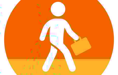 En illustration av egen personal genom en orange cirkel med en person som går med väska.