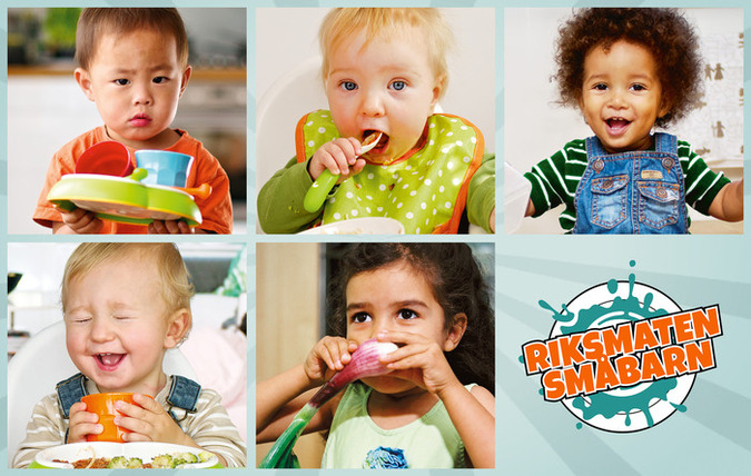  Ett collage med bilder på småbarn när de äter mat tillsammans med symbolen för undersökningen Riksmaten småbarn.