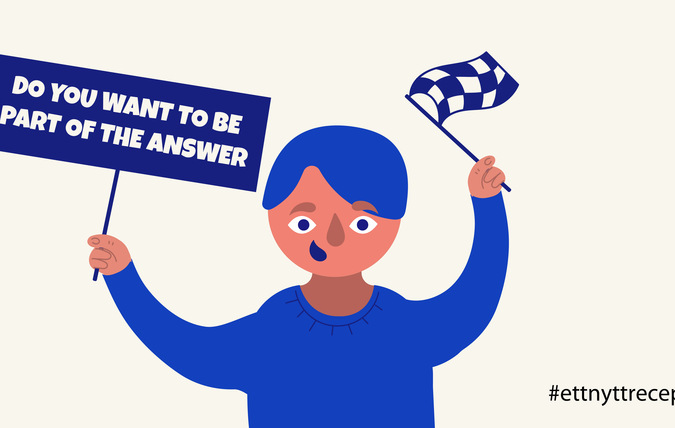 Tecknad pojke i med blått hår och blå tröja. I ena handeln håller han en målflagga och i den andra handen en skylt med texten "Do you want to be part of the answer"