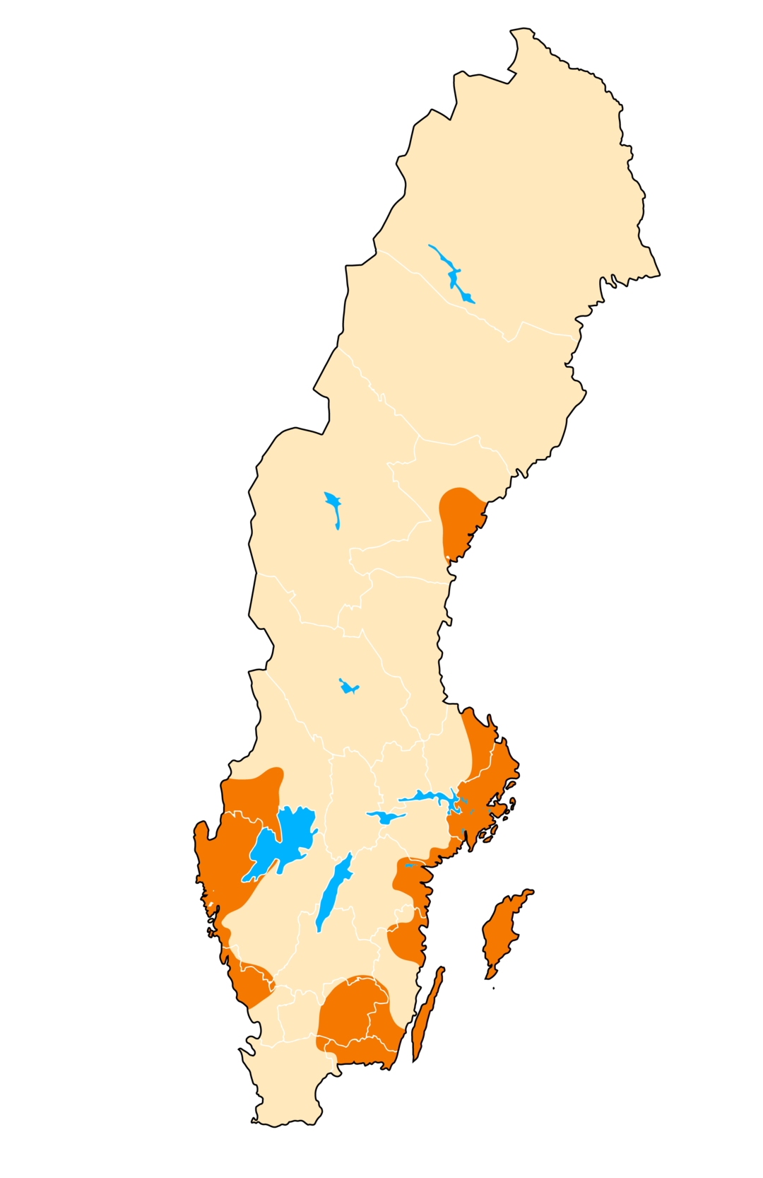 Karta över Sverige där områden med större risk för vattenbrist är markerade. 