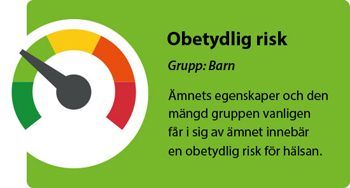 Livsmedelsverkets Risktermometer visar risken med ett ämne på en femgradig skala: Ingen risk, Obetydlig risk, Måttlig risk, Betydande risk och Hög risk. Denna bild visar att egenskaperna hos organiska fosforföreningar och den mängd barn får i sig innebär en obetydlig risk för hälsan.