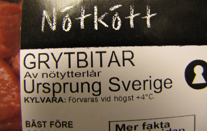 Märkning på grytbit av nötkött