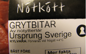 Märkning på grytbit av nötkött