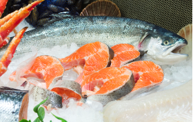 Rå fisk och skaldjur som ligger på bädd av is
