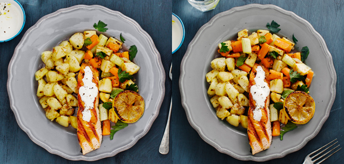 Två tallrikar enligt respektive tallriksmodell, med potatis, grillad lax och grönsaker. I den andra varianten står grönsakerna för halva utrymmet på tallriken.