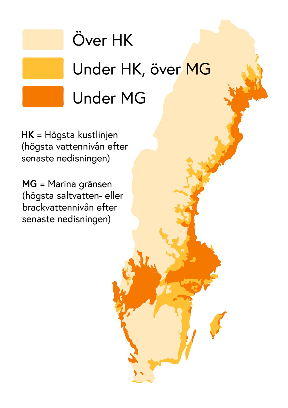 Karta över Sverige där det finns ökad risk för fossilt saltvatten