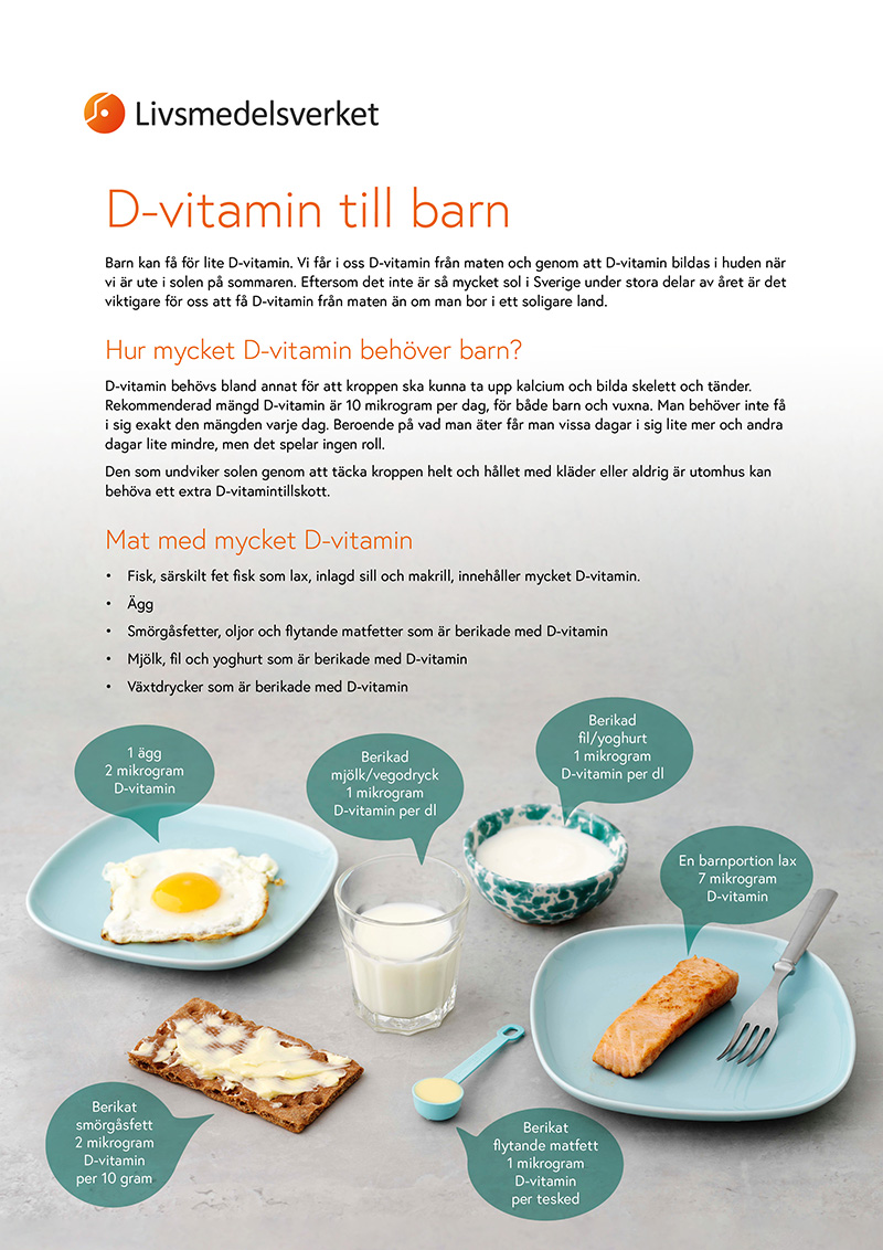 Informationsblad om D-vitamin med en bild på mjölk, fett, ägg, yoghurt och lax som innehåller mycket D-vitamin